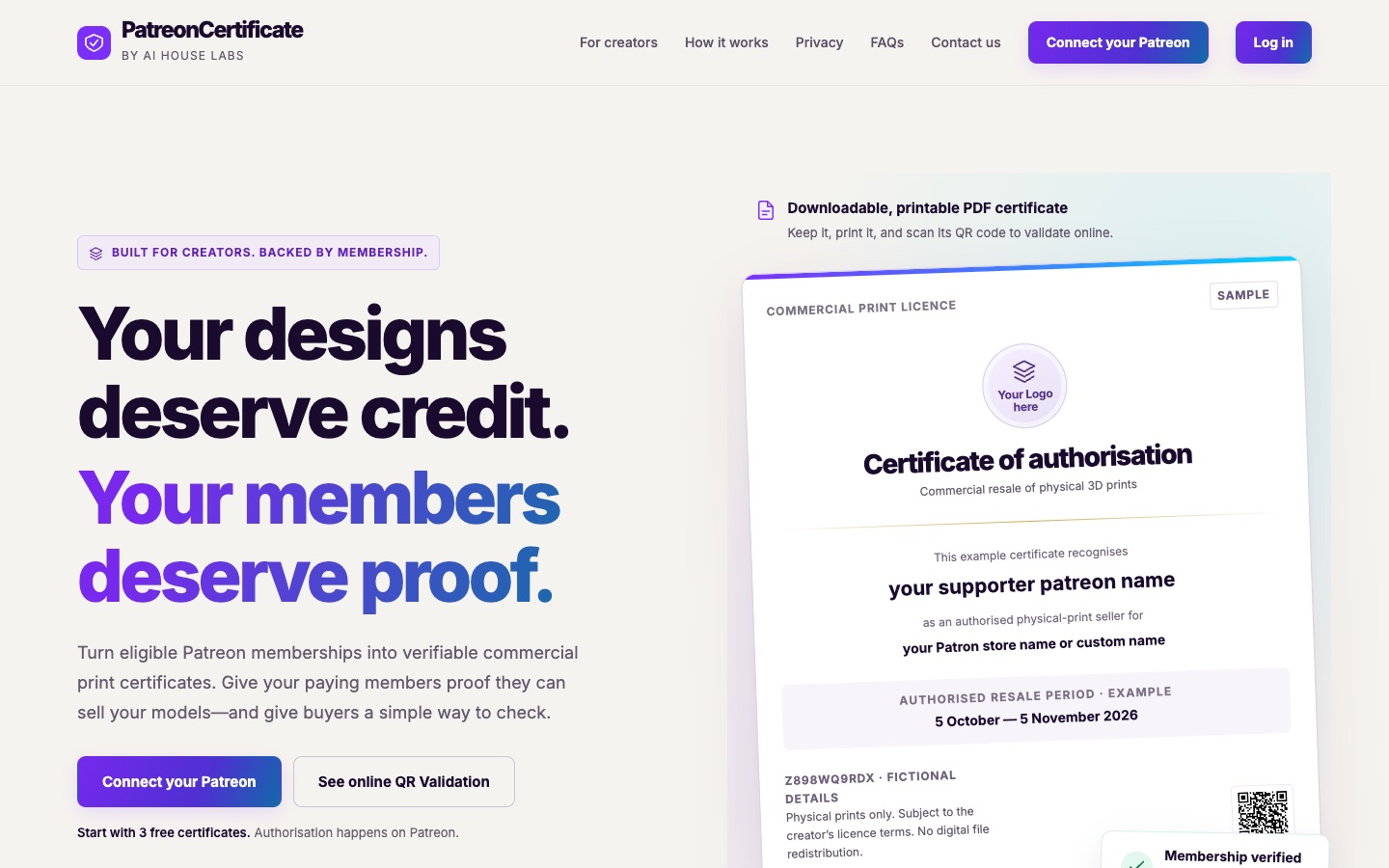 PatreonCertificate homepage showing a sample commercial print certificate of authorisation